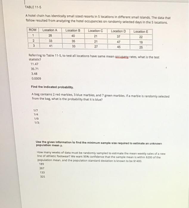  TABLE 11-5 A hotel chain has identically small sized resorts In