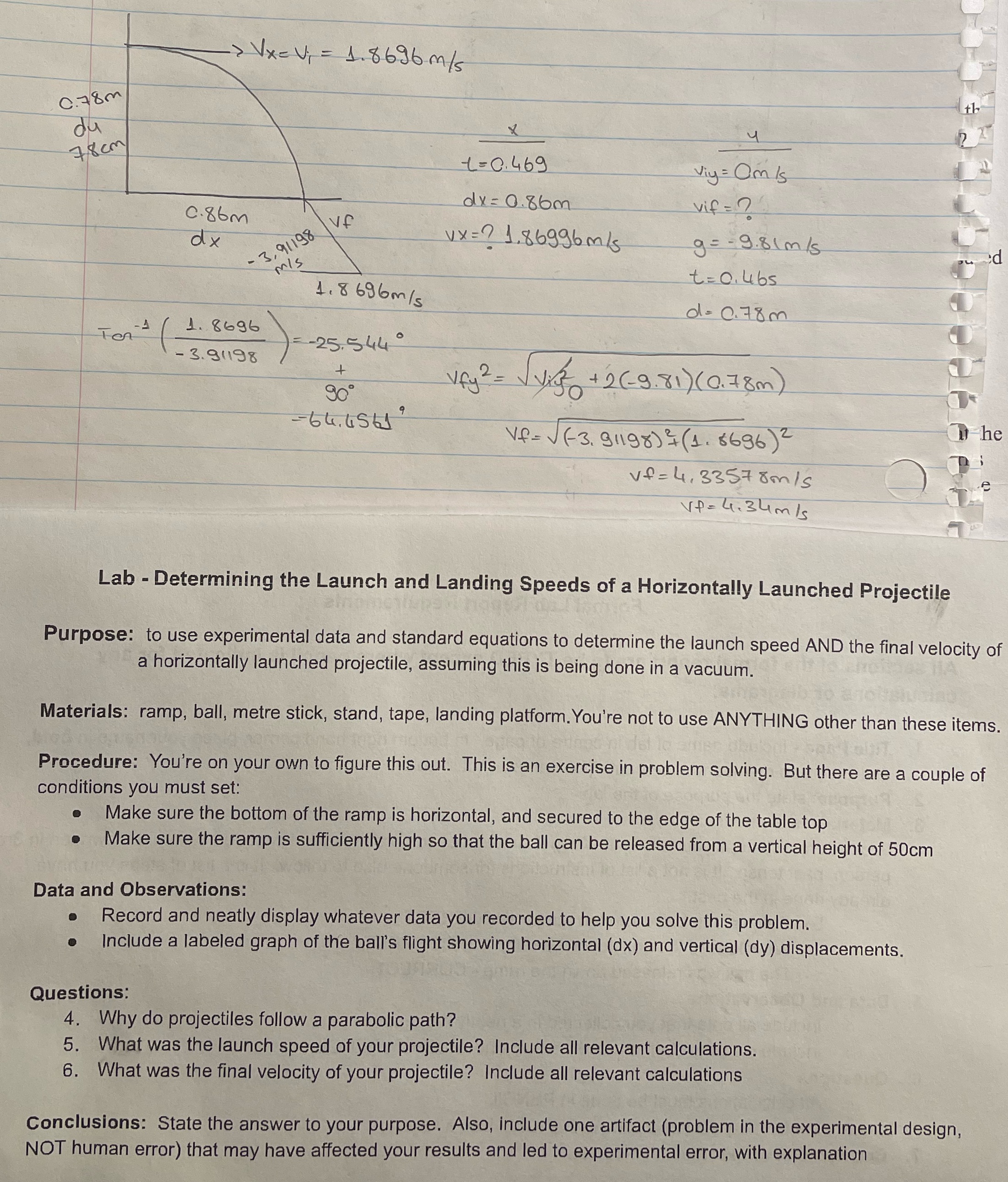 lab report > VX = Vi = 1. 8696 m/s 0. 78