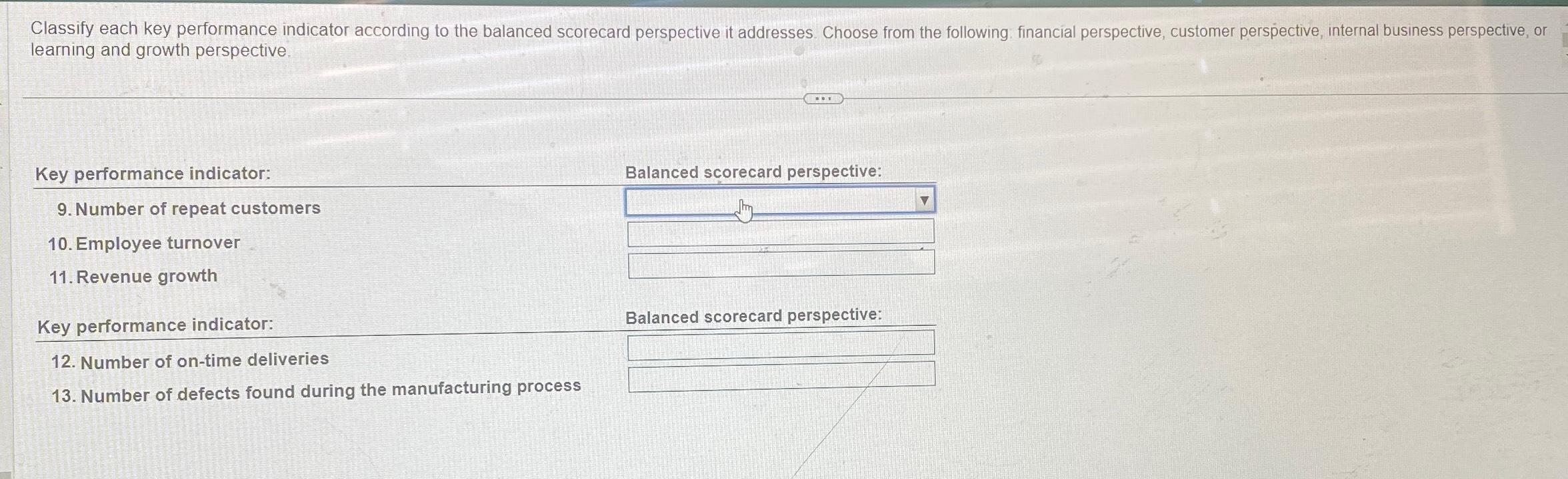  learning and growth perspective. Key performance indicator: Balanced scorecard perspective: 9.