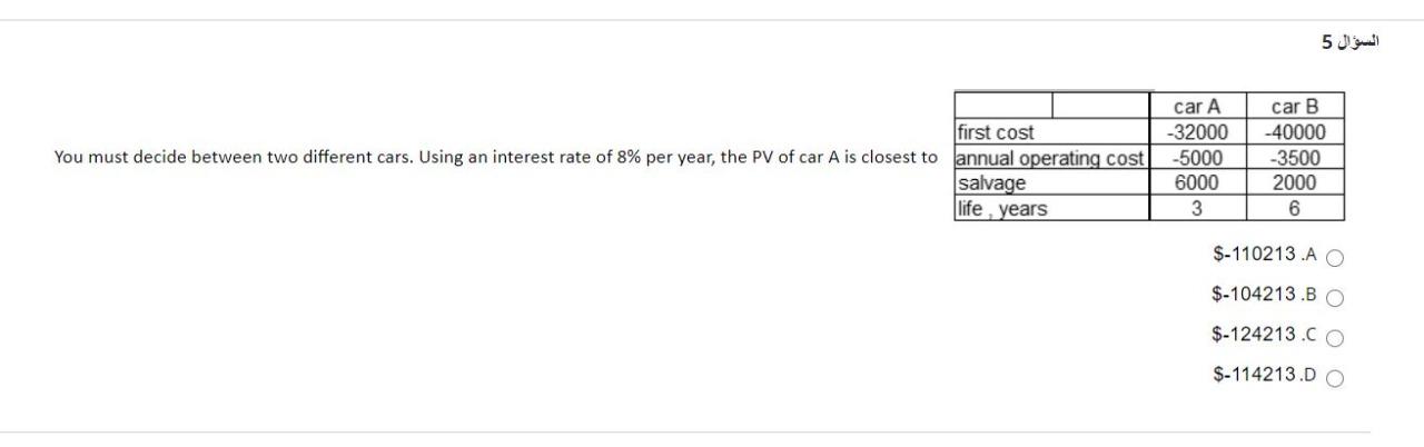 5 first cost You must decide between two different cars. Using