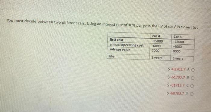  You must decide between two different cars. Using an interest rate