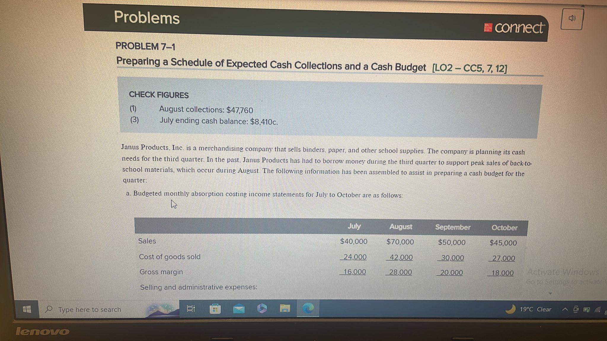  Problems connect PROBLEM 7-1 Preparing a Schedule of Expected Cash Collections