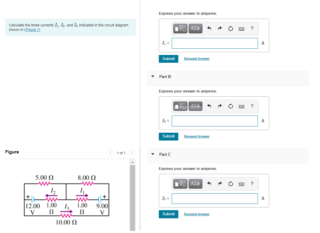  Express your answer in amperes. Calculate the three currents /1, 12,