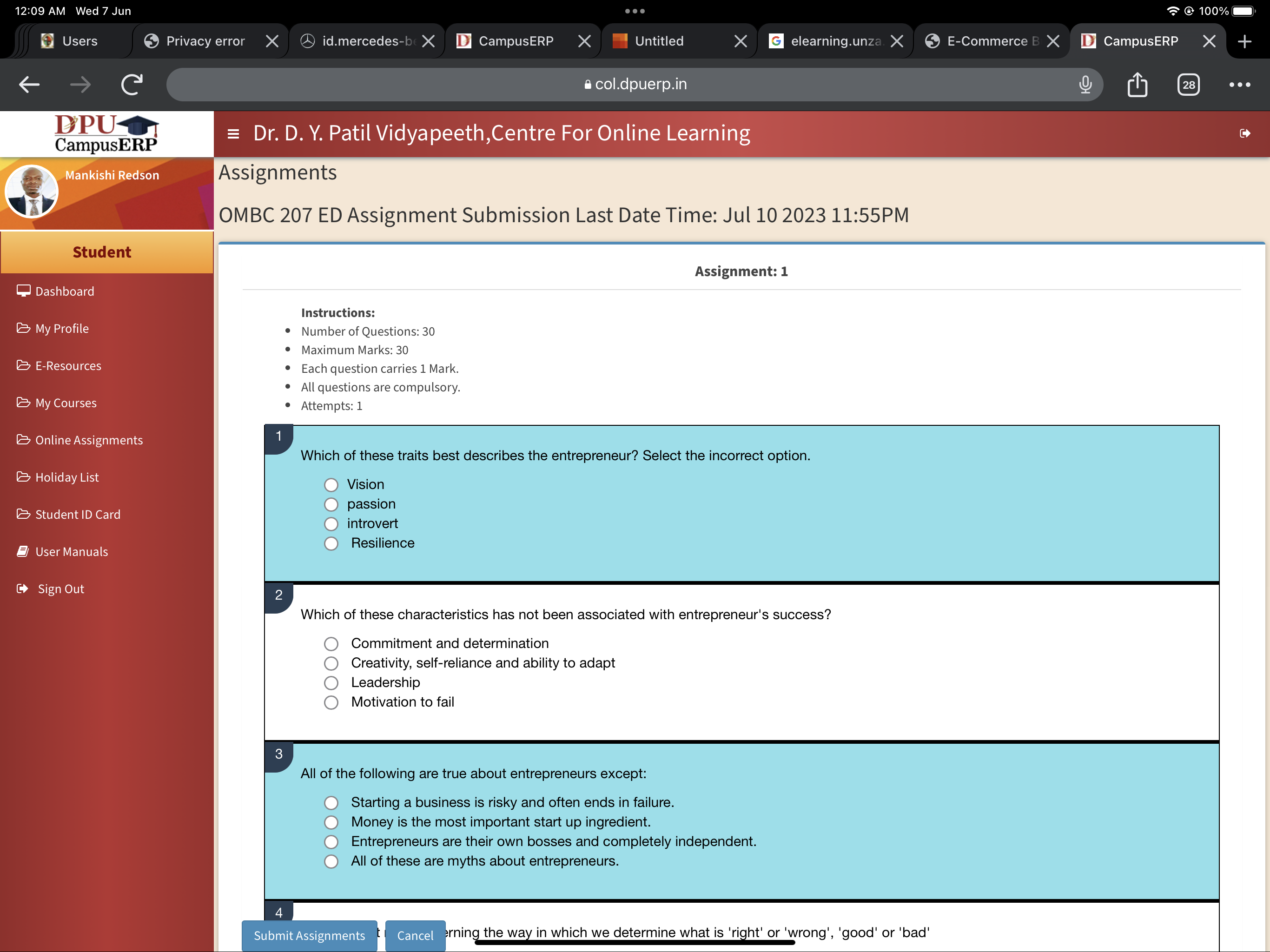 Privacy error X id.mercedes-bcampusERP X Untitled X G elearning.unza. X E-Commerce B