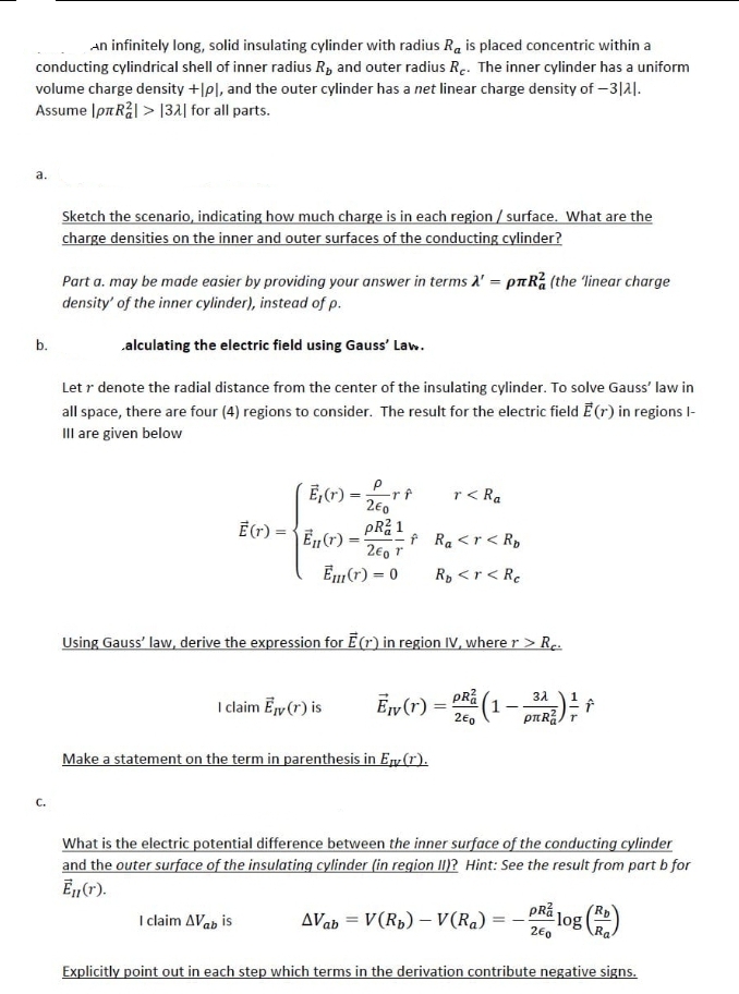 urgent solution required An infinitely long, solid insulating cylinder with radius Ra