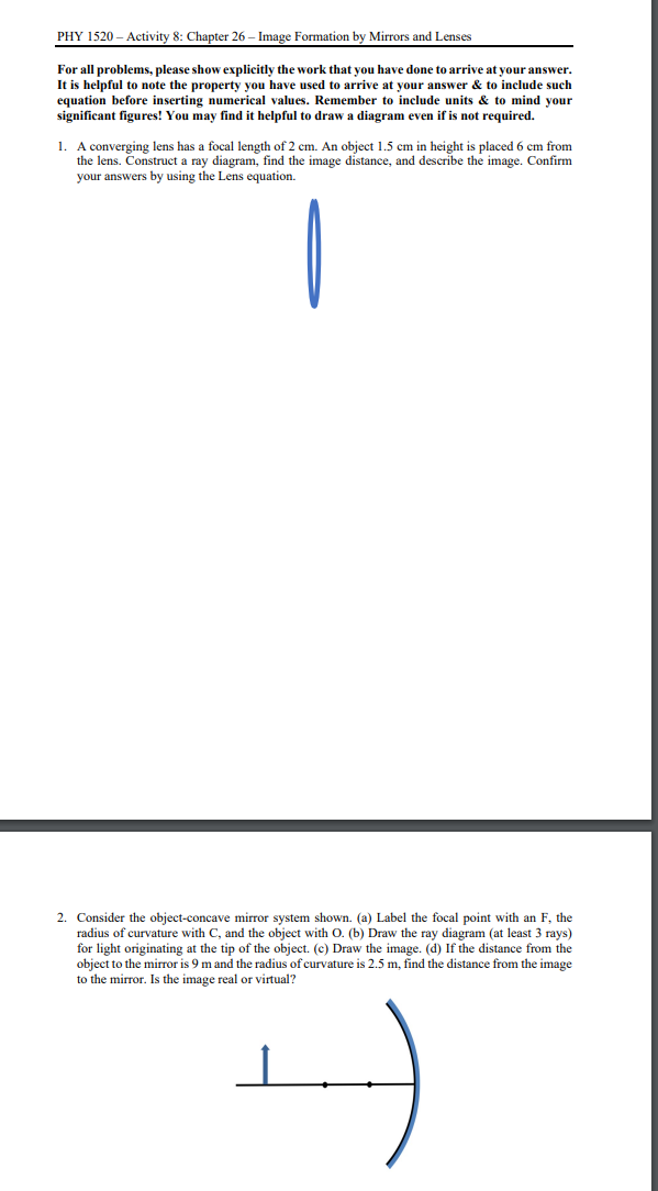  PHY 1520 - Activity 8: Chapter 26 - Image Formation by