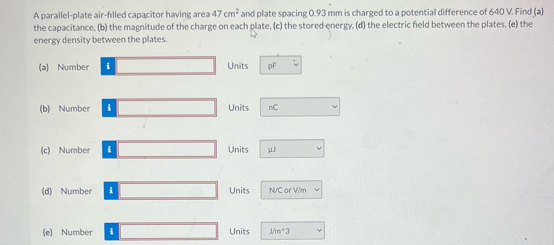 A parallel-plate air-filled capacitor having area 47 cm2 and plate spacing