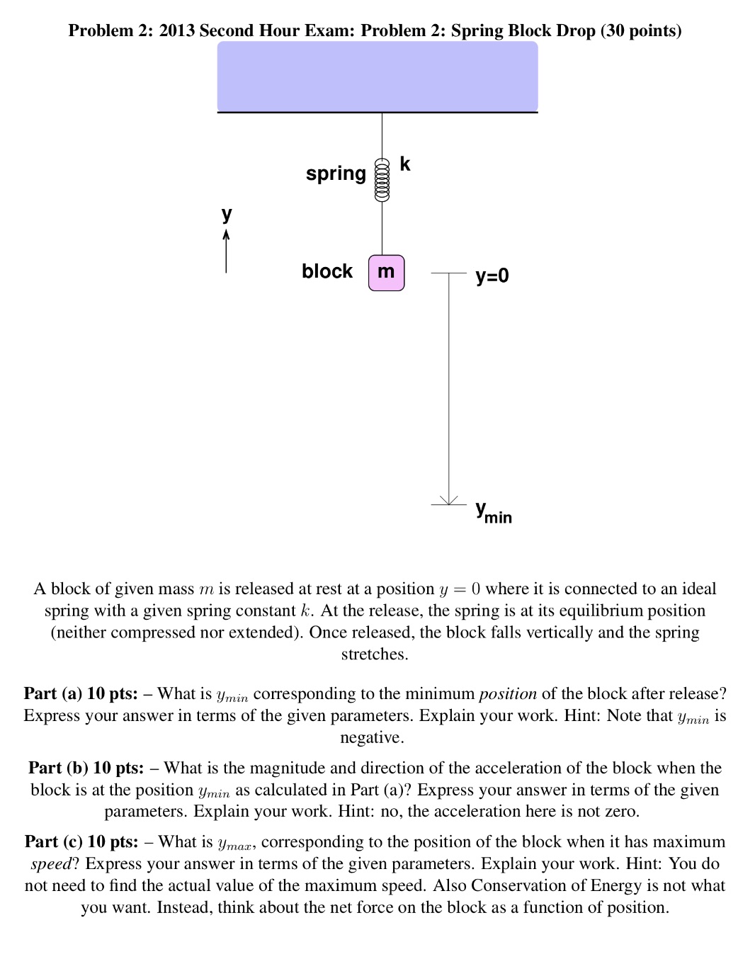 Problem 2: 2013 Second Hour Exam: Problem 2: Spring Block Drop (30