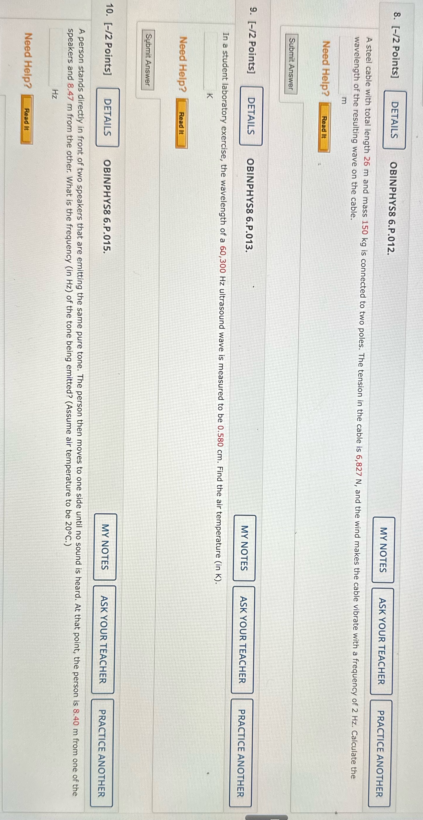  8. [-/2 Points] DETAILS OBINPHYS8 6.P.012. MY NOTES ASK YOUR TEACHER