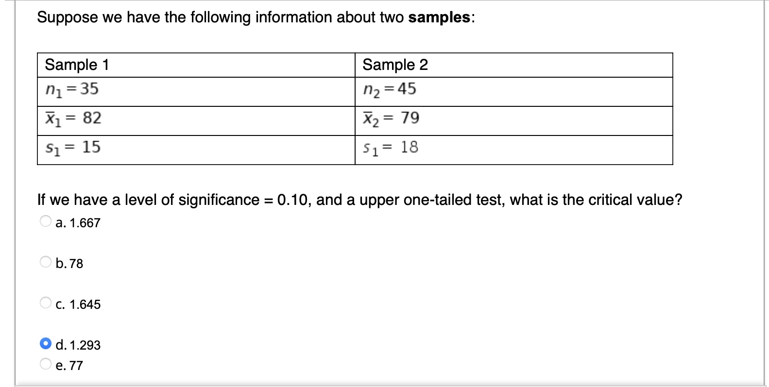  Suppose we have the following information about two samples: Sample 1