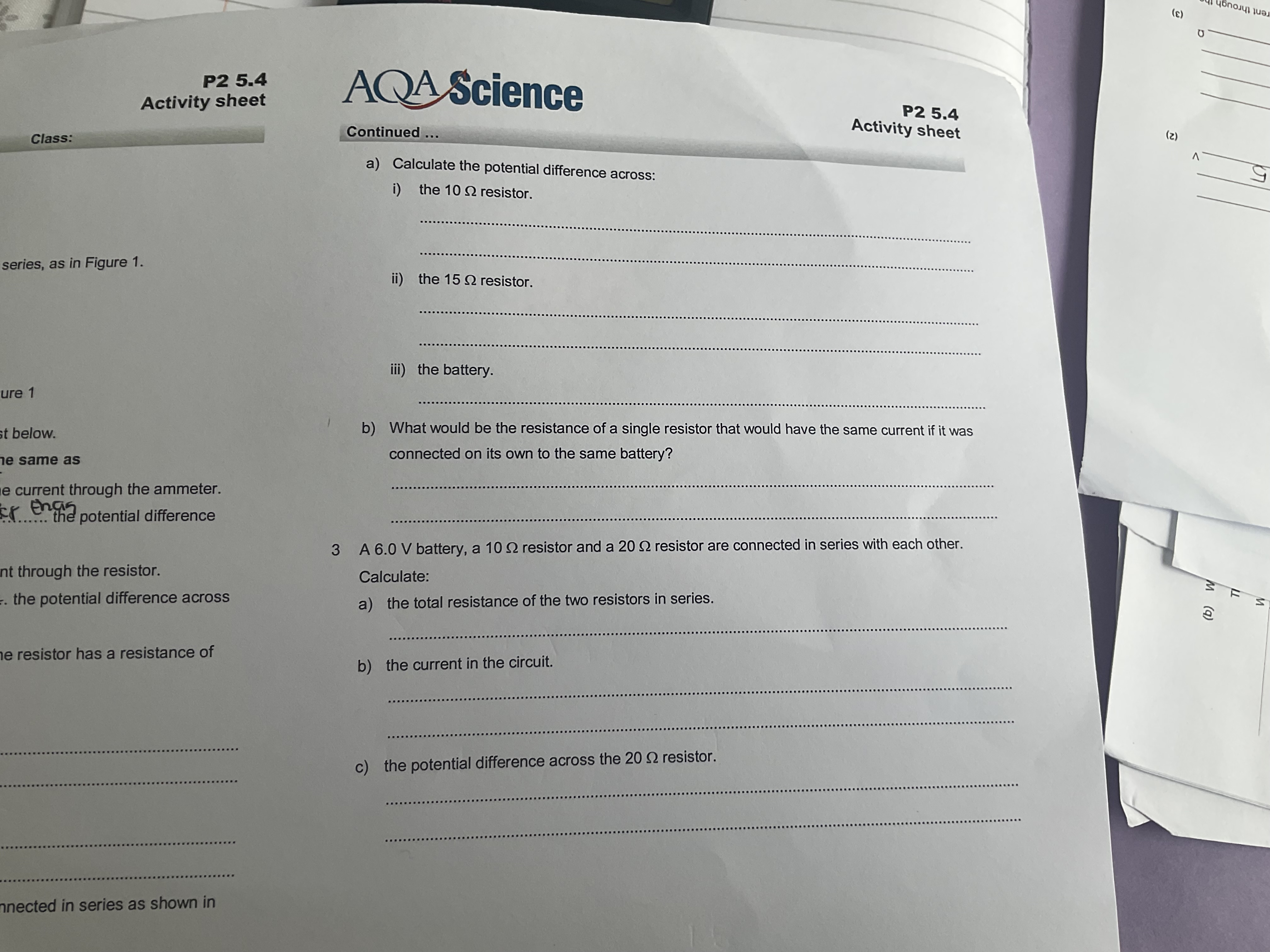 ent th P2 5.4 Activity sheet AQA Science P2 5.4 Class: