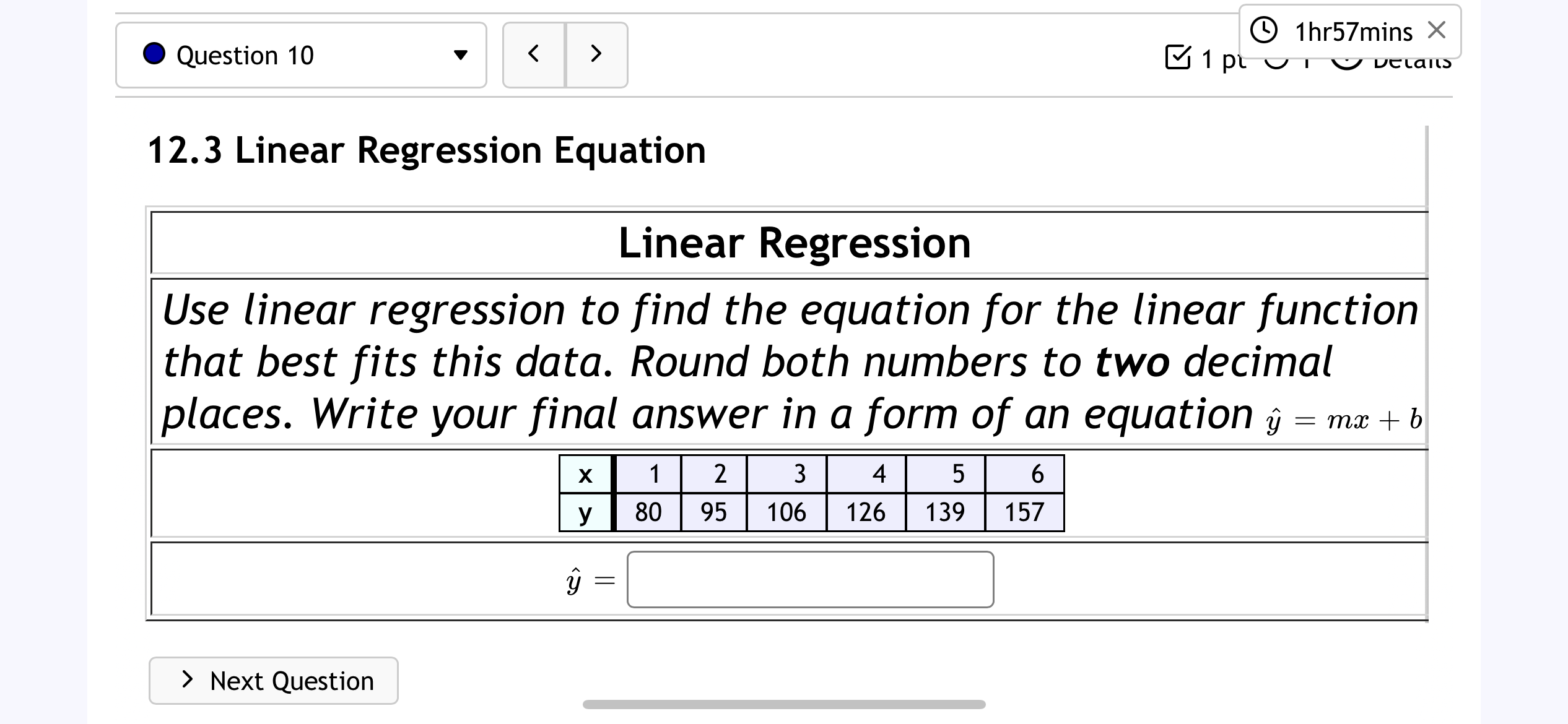 1hr57mins X Question 10 12.3 Linear Regression Equation Linear Regression Use
