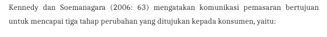 Kennedy dan Soemanagara (2006: 63) mengatakan komunikasi pemasaran bertujuan untuk mencapai tiga