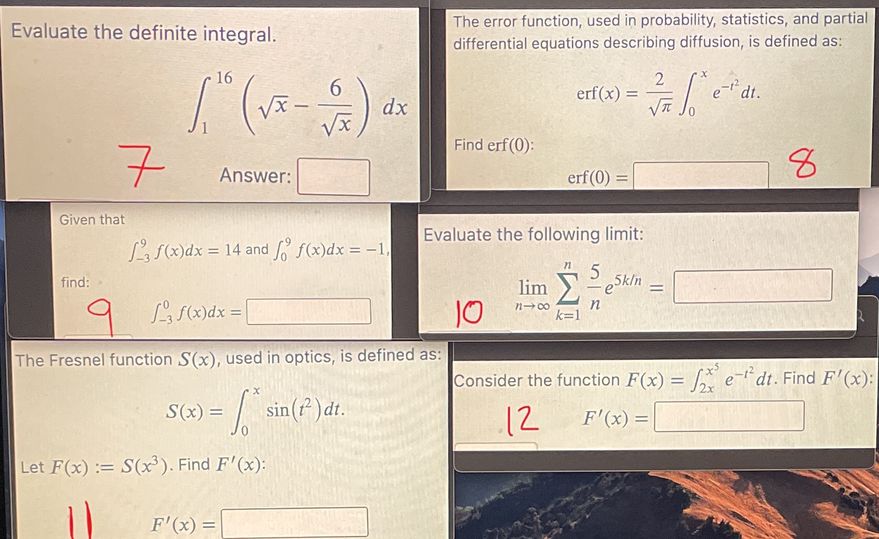 Please help with the following questions! Evaluate the definite integral. The error