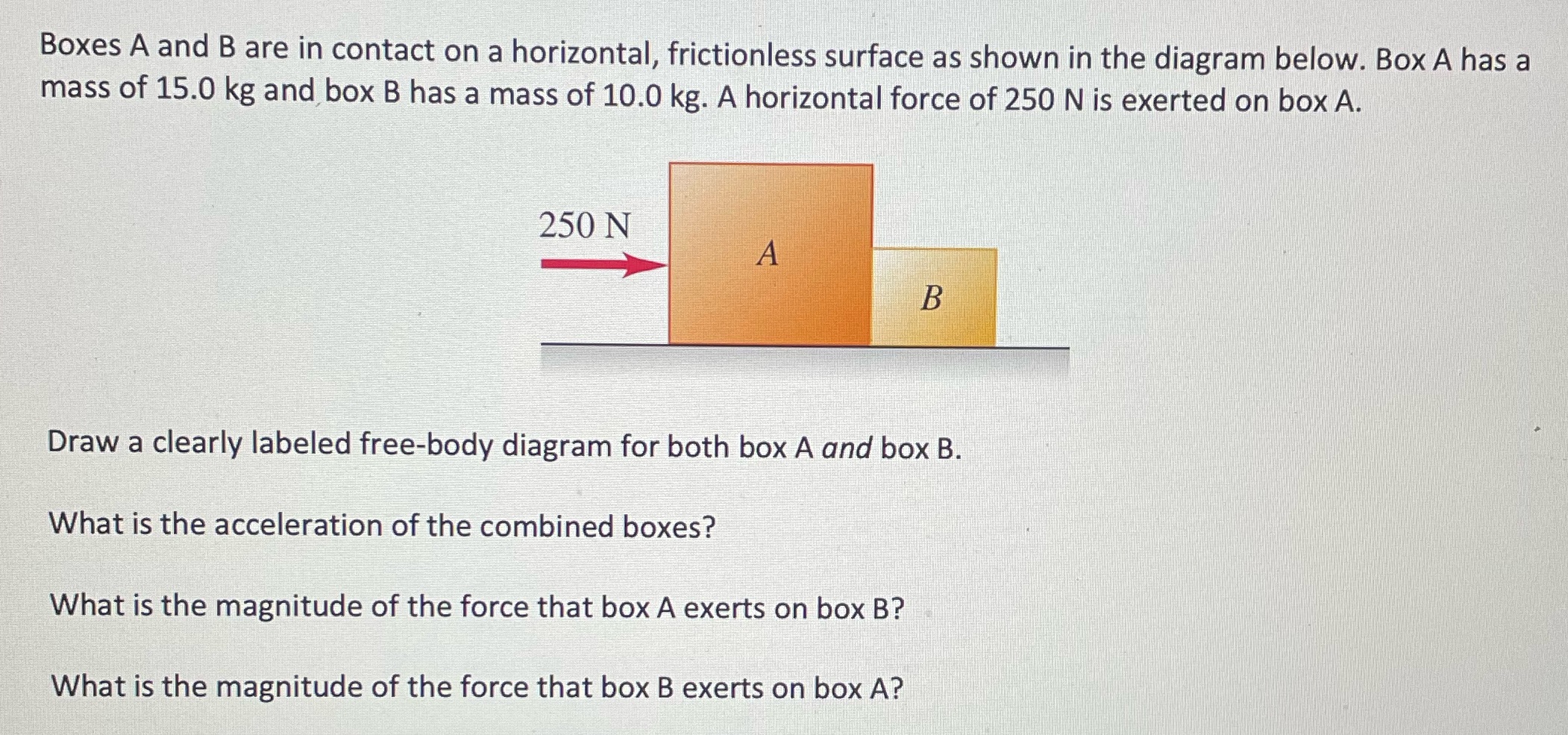 Boxes A and B are in contact on a horizontal, frictionless
