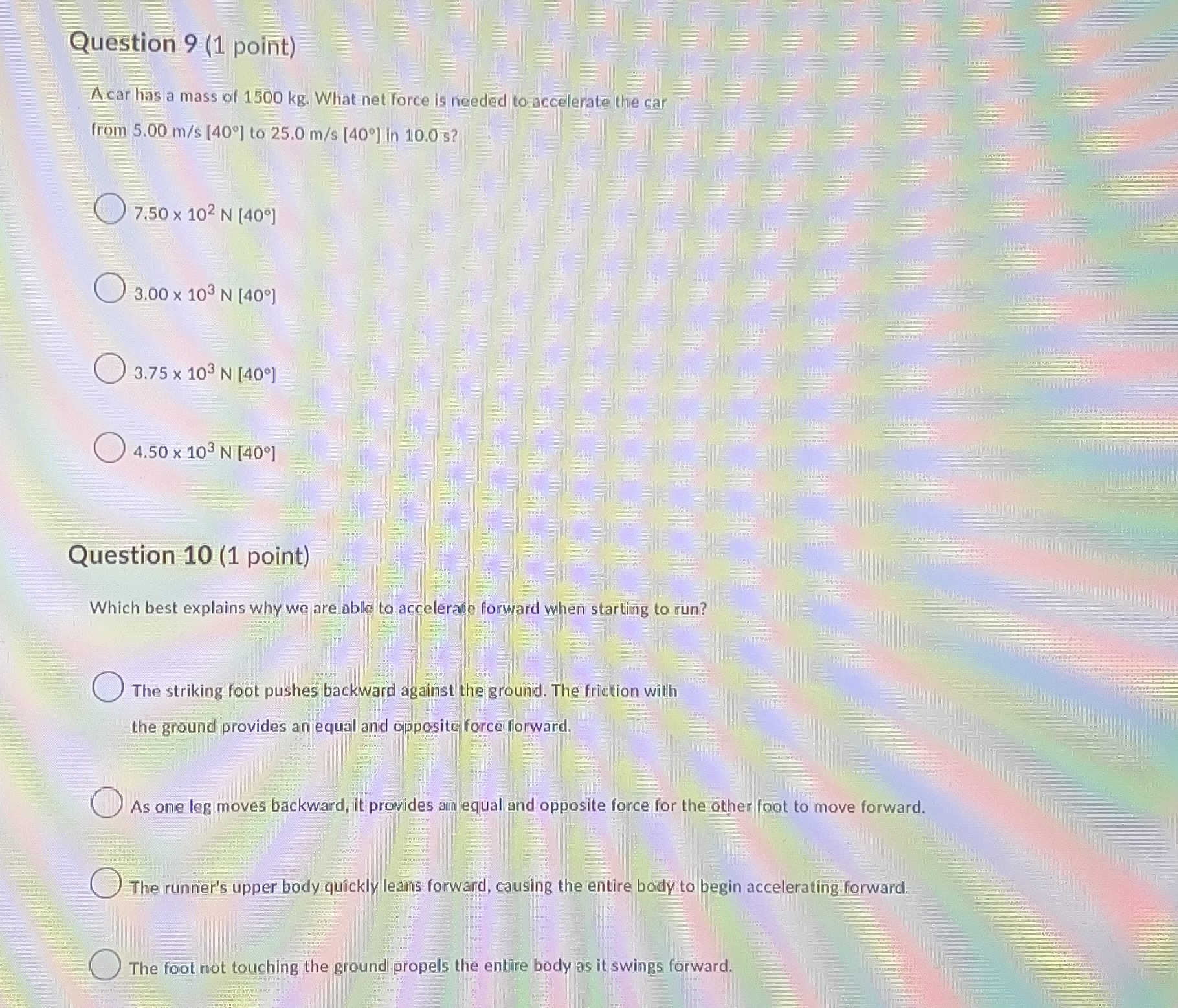 of gravity [down], normal force [up], force of friction [left], and applied