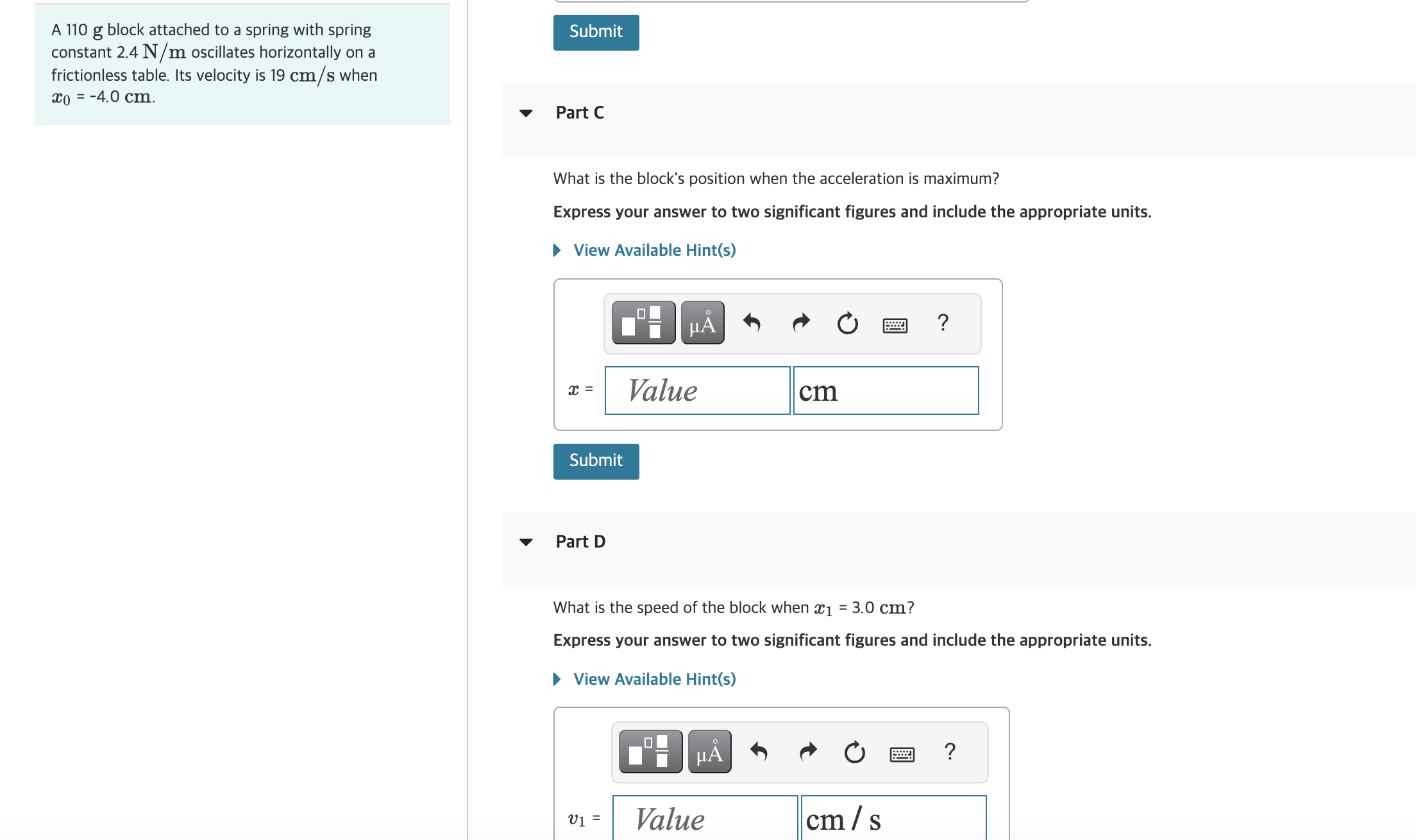 spring constant 2.4 N/m oscillates horizontally on a What is the amplitude
