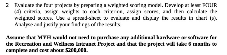 2 Evaluate the four projects by preparing a weighted scoring model.