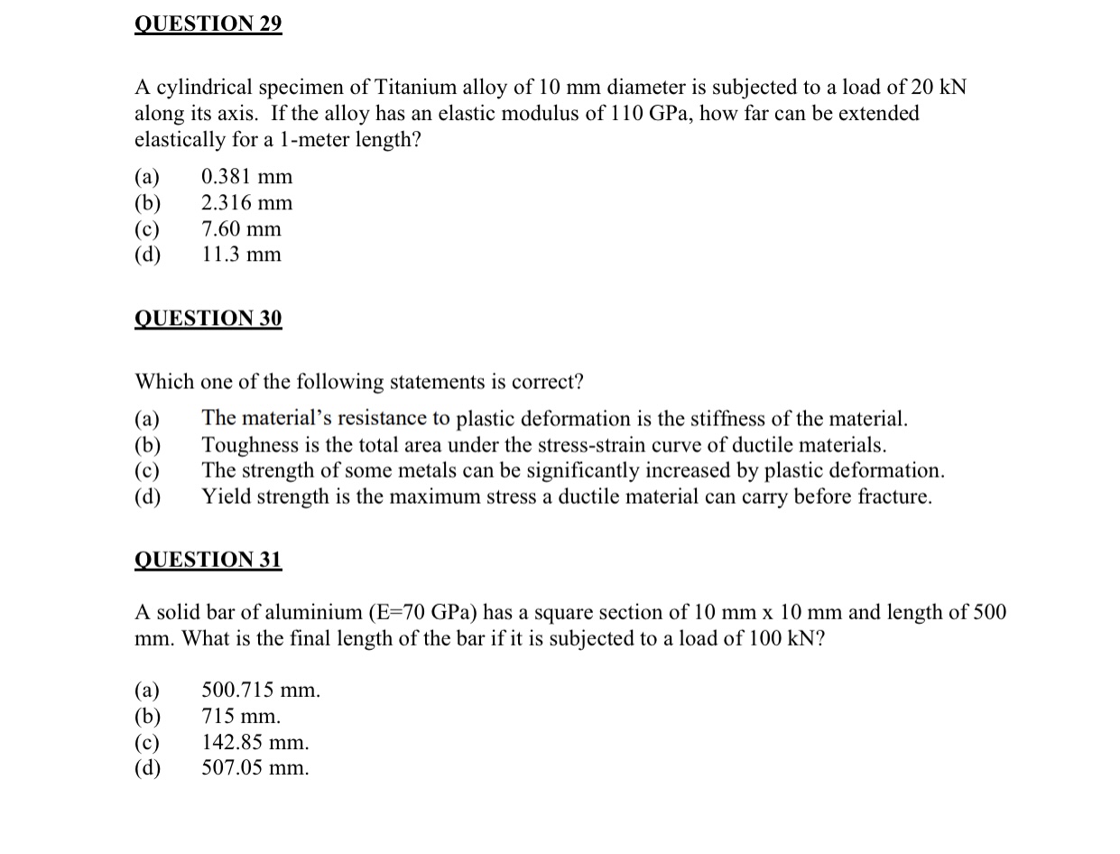  QUESTION 29 A cylindrical specimen of Titanium alloy of 10 mm