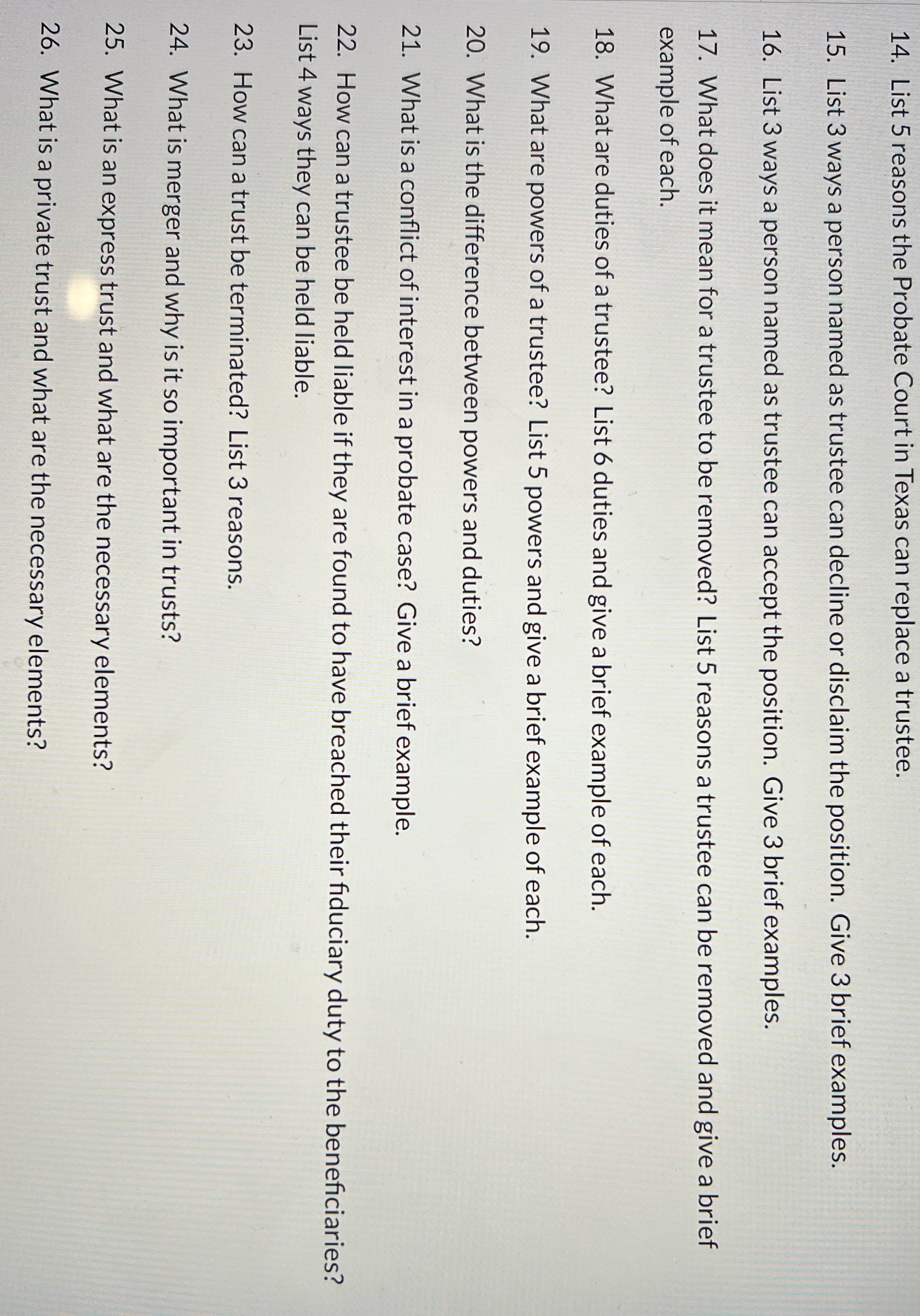 Use only Texas material. Only the Texas code is relevant. 14. List