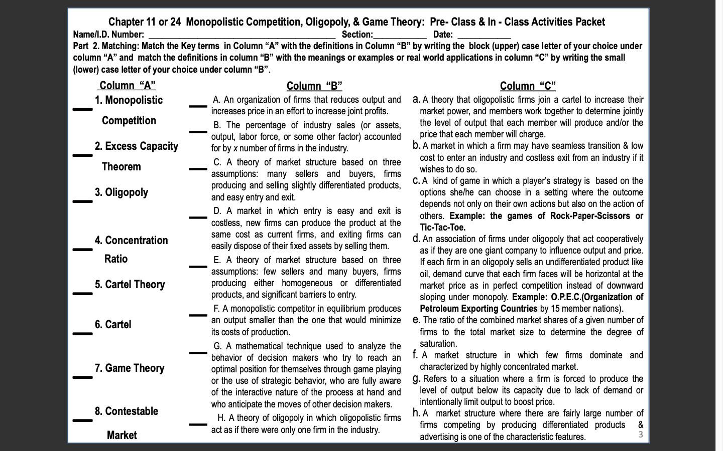 Matching: Match the Key terms in Column "A" with the definitions in