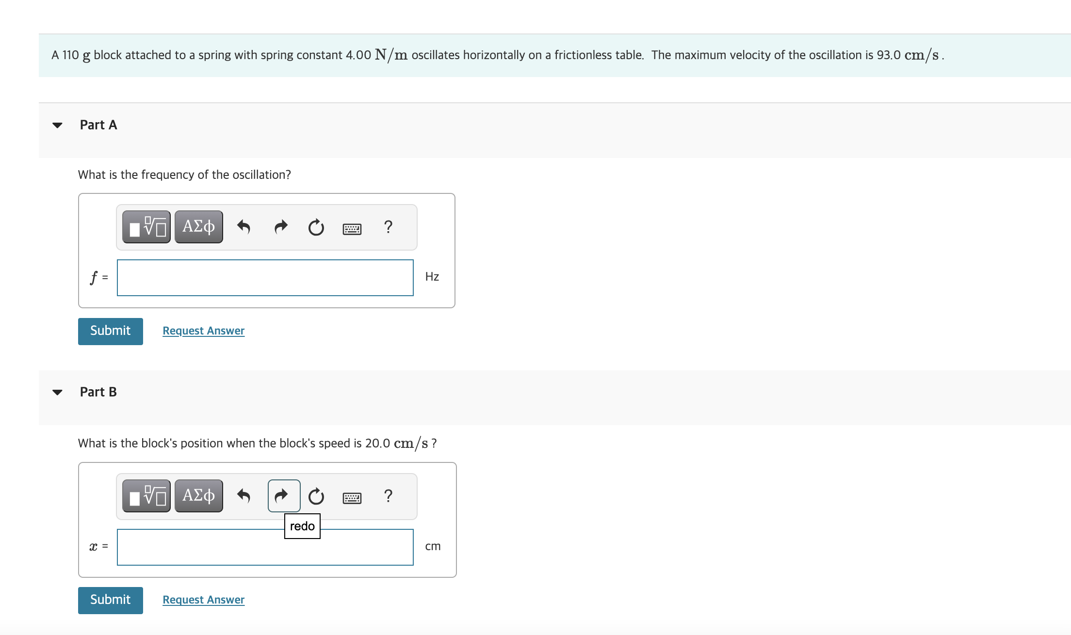 A 110 g block attached to a spring with spring constant