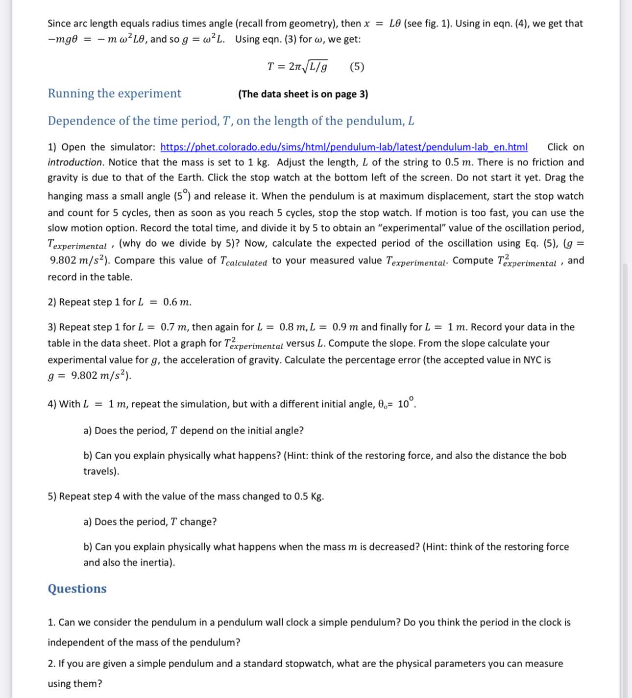 and how the period time, T relate to the Length, L of
