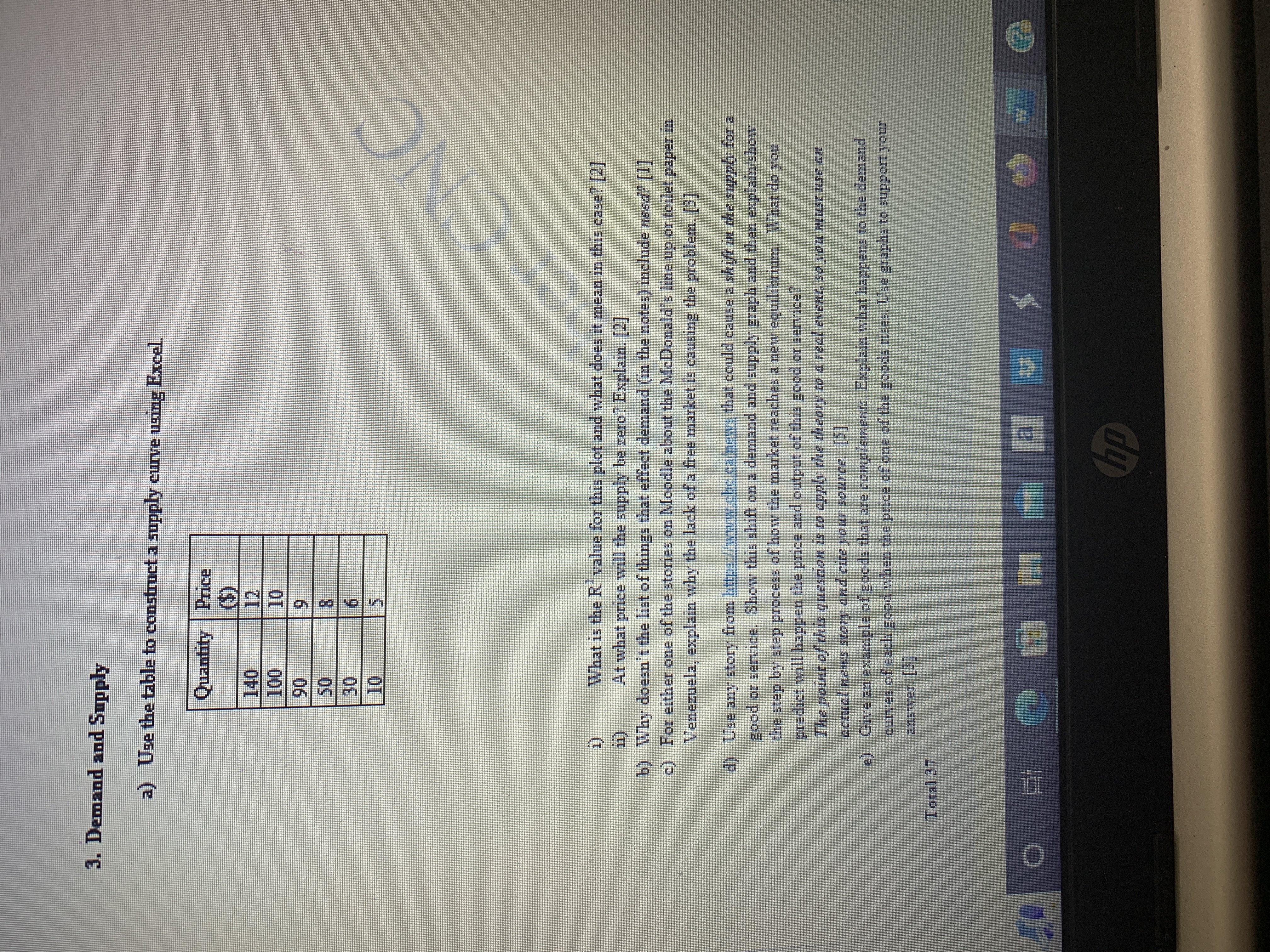  3. Demand and Supply a) Use the table to construct a