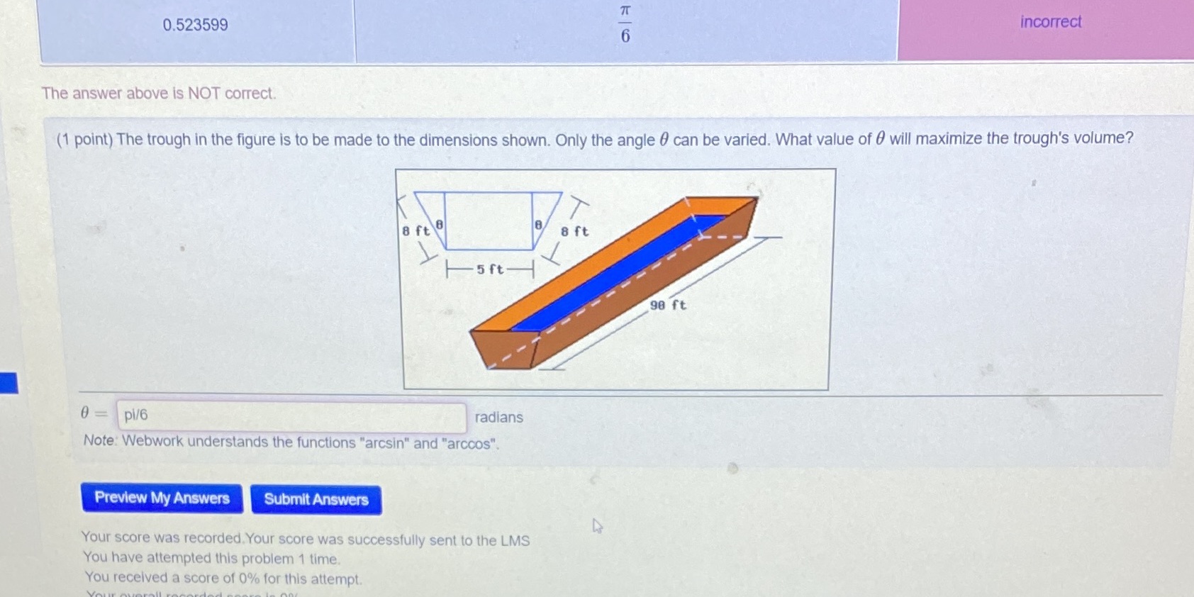 0.523599 incorrect The answer above is NOT correct. (1 point) The