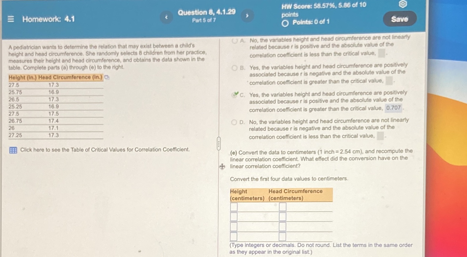 I need help with question E HW Score: 58.57%, 5.86 of 10