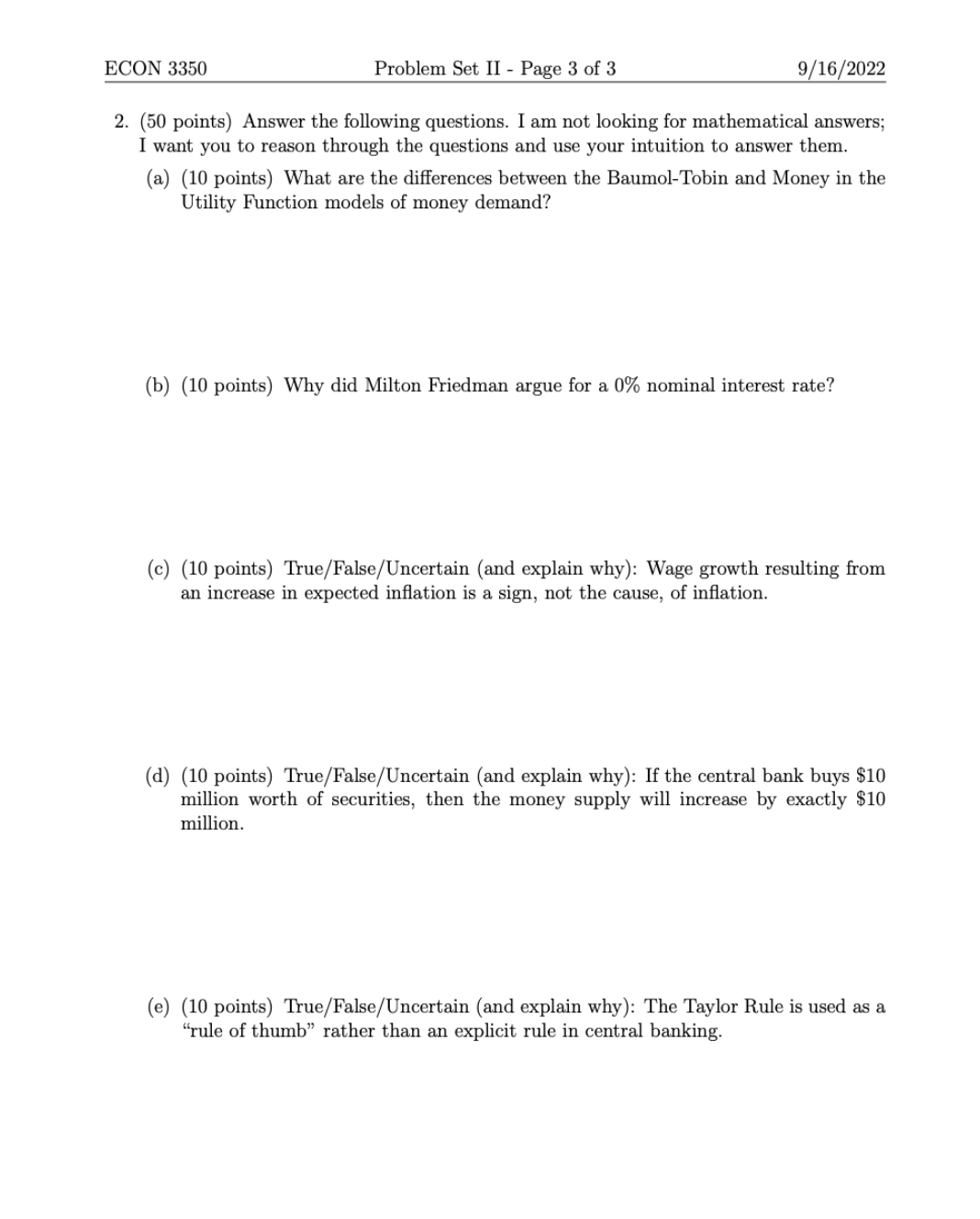 please answer ECON 3350 Problem Set II - Page 3 of 3