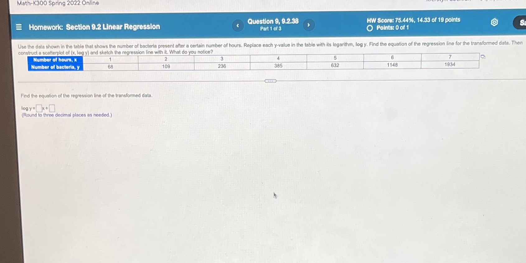 Math-K300 Spring 2022 Online Homework: Section 9.2 Linear Regression Question 9,