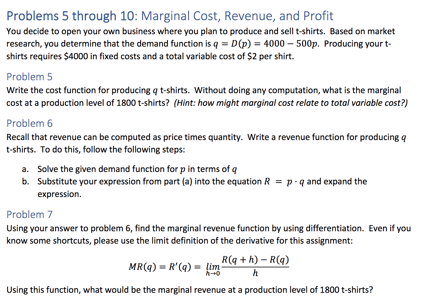 information on cost (in dollars) as a function of quantity (in units)