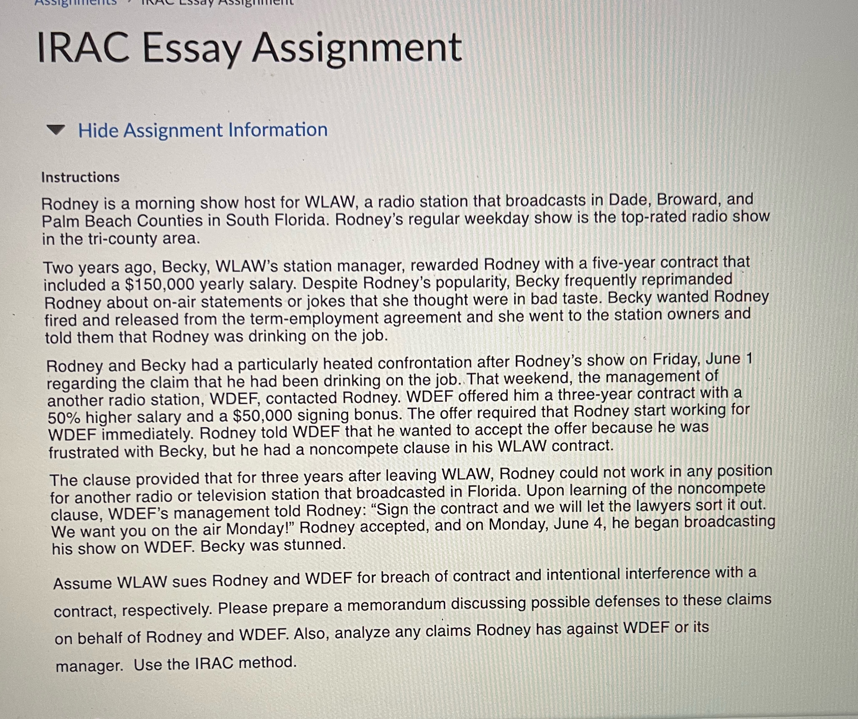 Case briefing using IRAC method IRAC Essay Assignment Hide Assignment Information Instructions