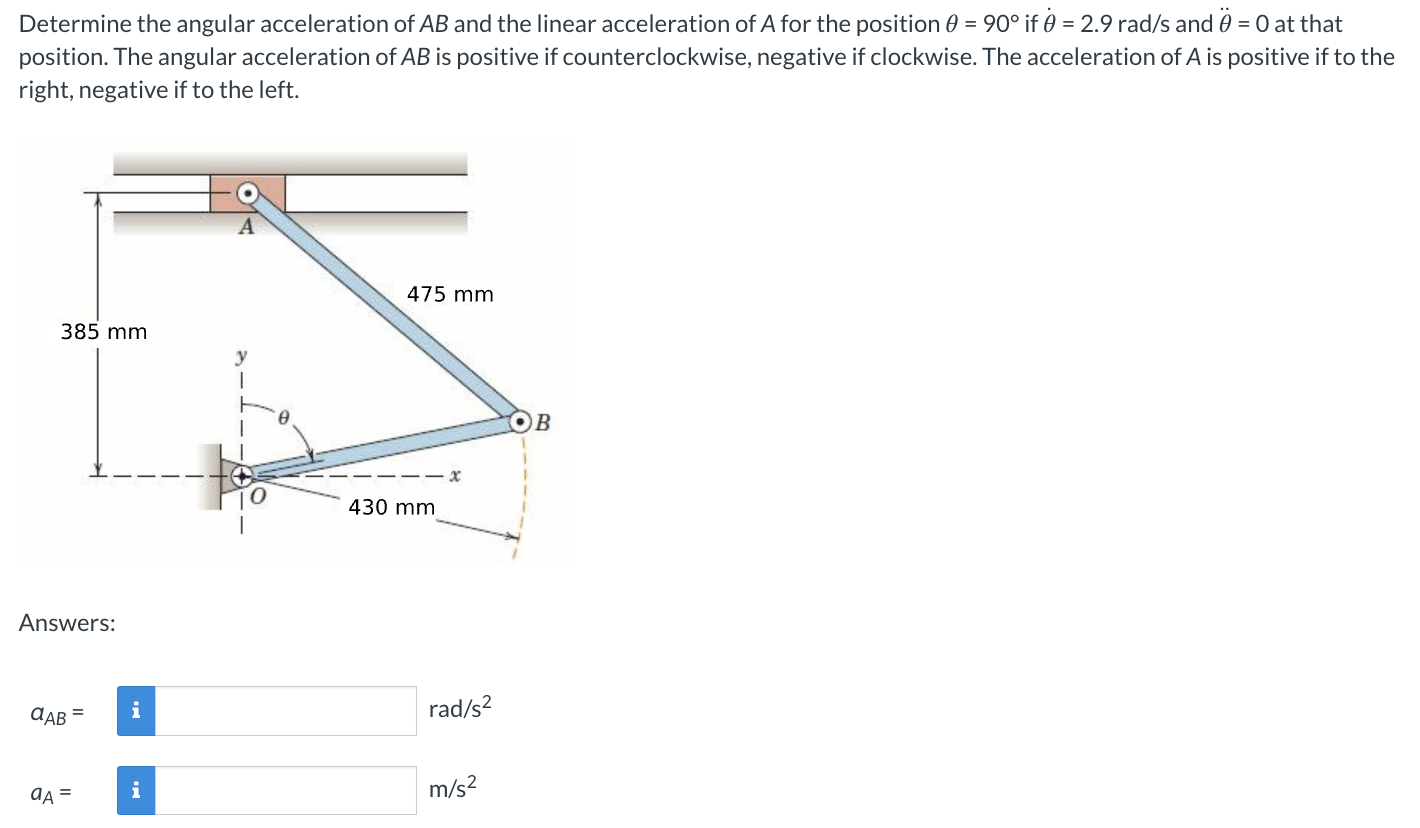 Determine the angular acceleration of AB and the linear acceleration of