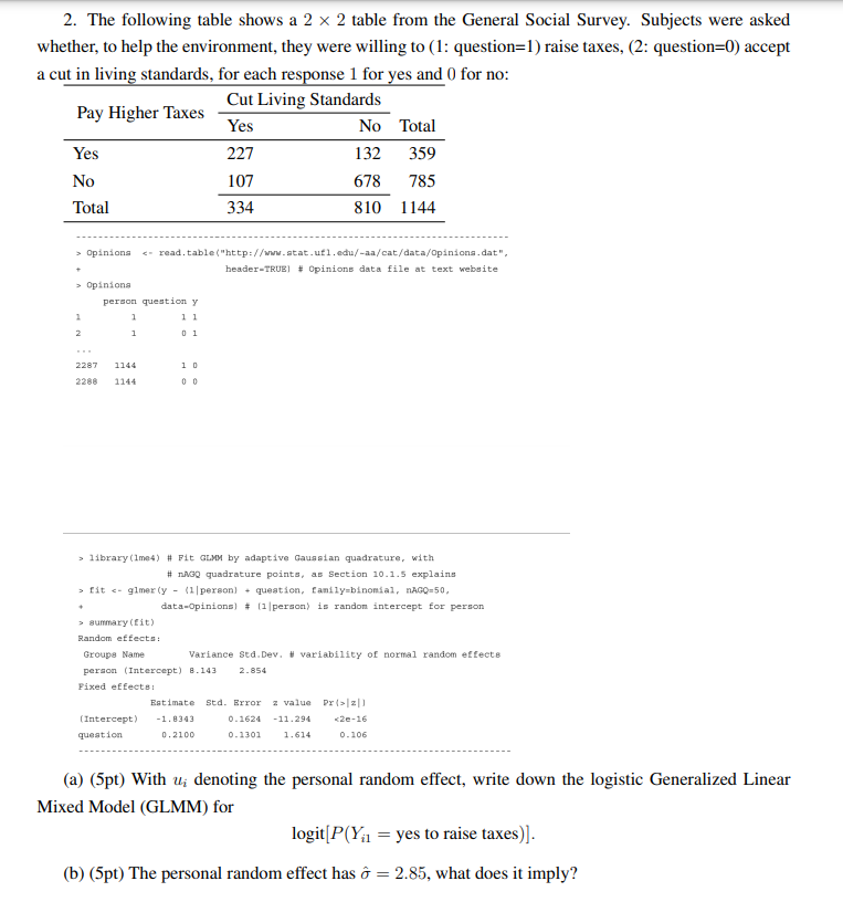  2. The following table shows a 2 x 2 table from