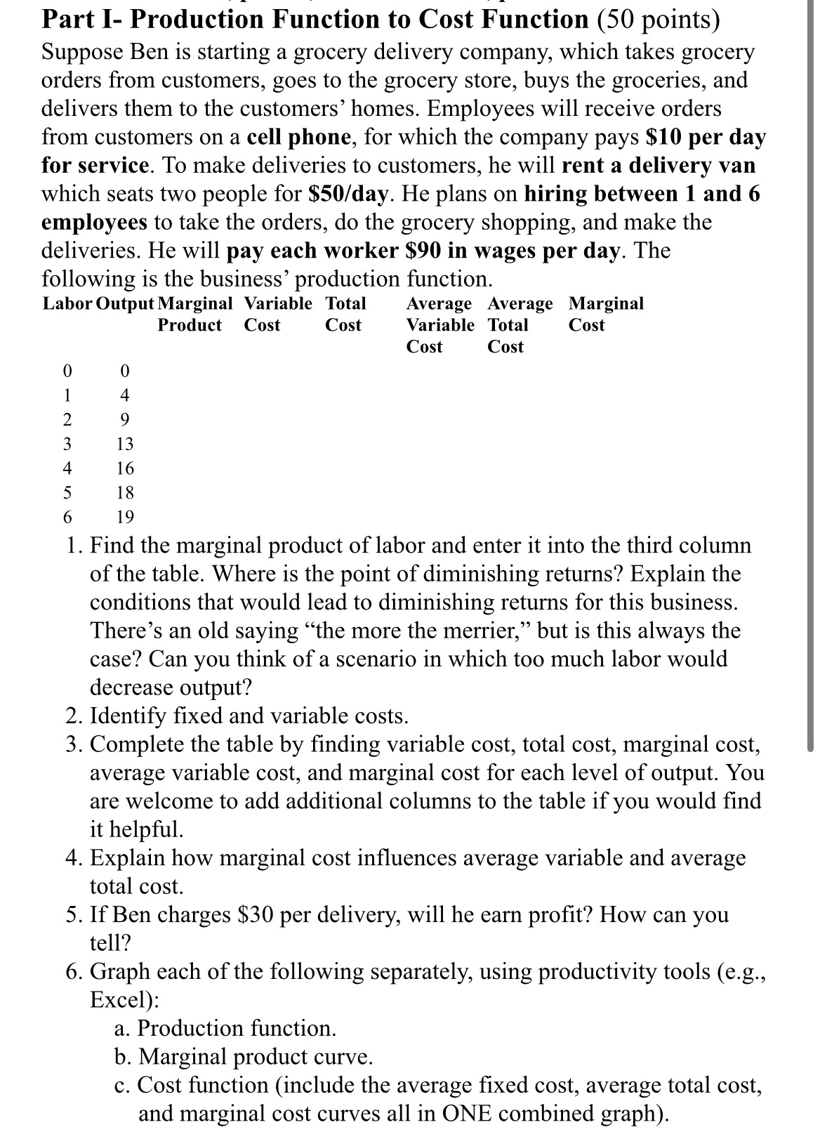 please help and don't forget #6! Part 1- Production Function to Cost