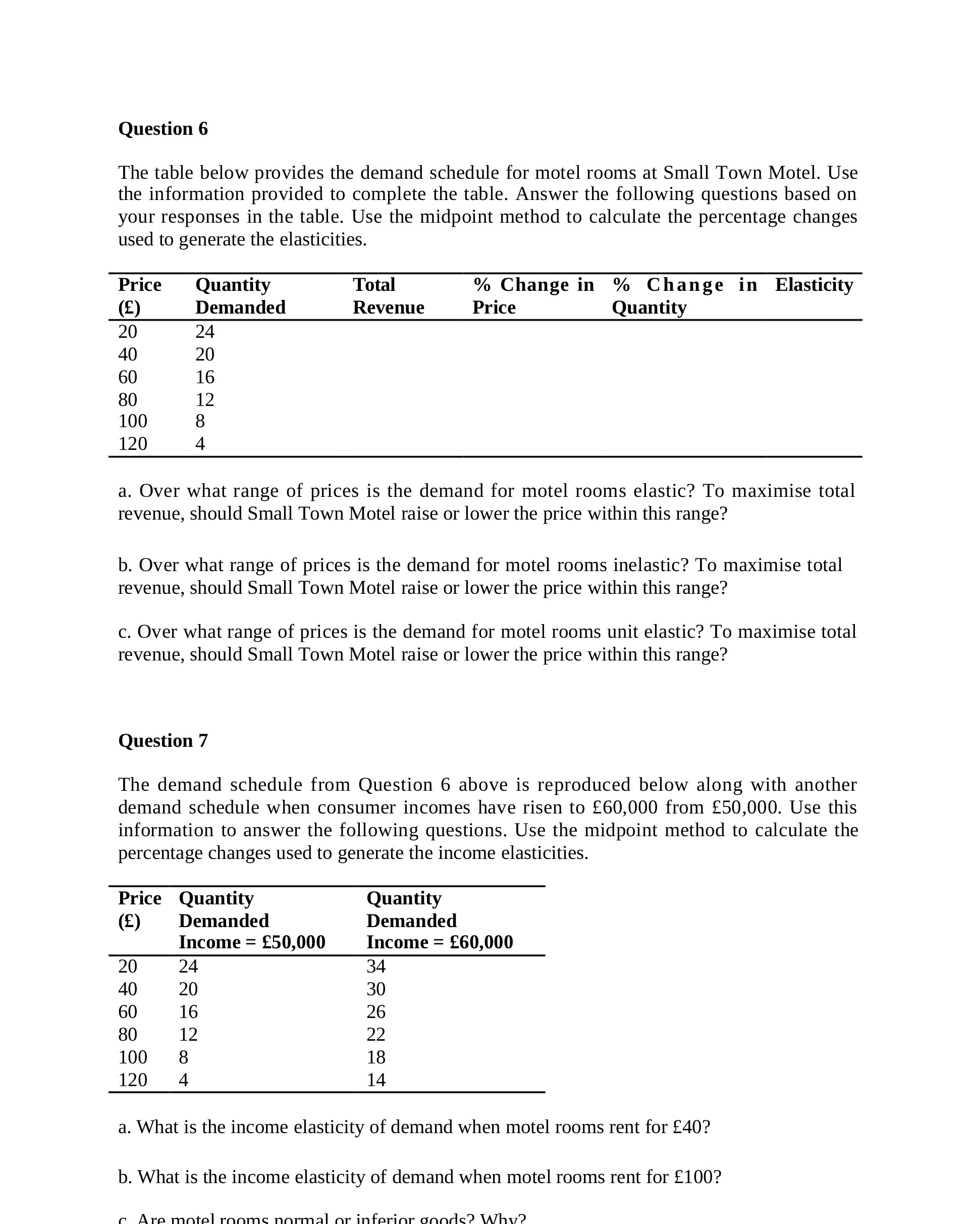  Question 6 The table below provides the demand schedule for motel