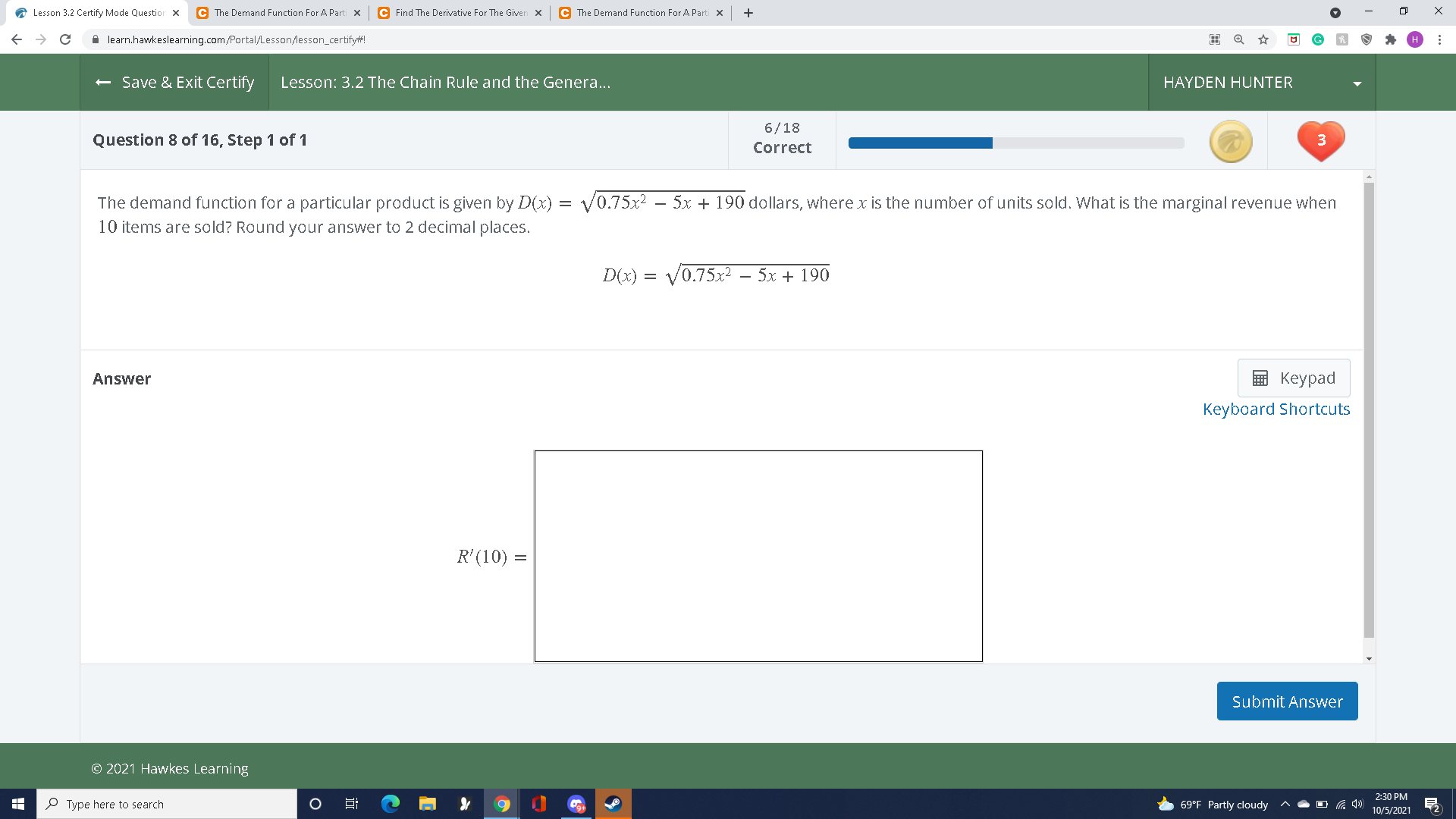  Lesson 3.2 Certify Mode Question X C The Demand Function For