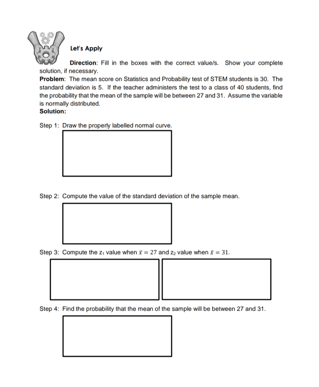 statistics and probability, central limit theorem. Ii: % let's Apply Direction: Fill