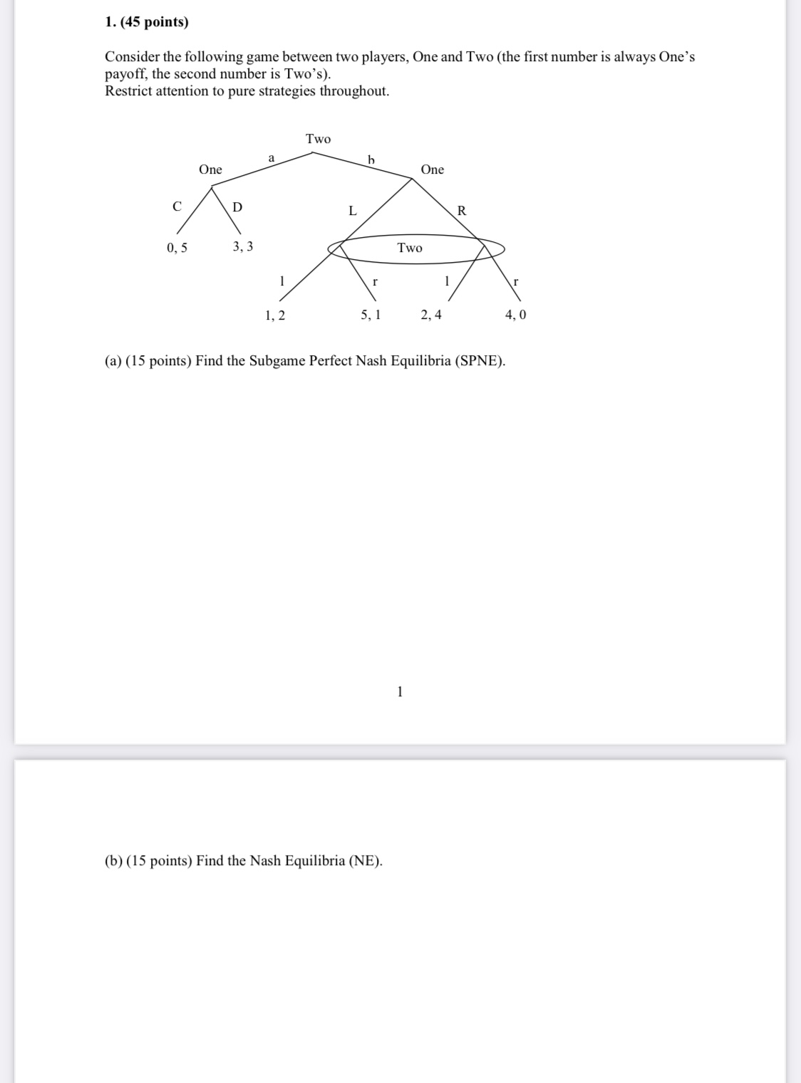 1. (45 points) Consider the following game between two players, One