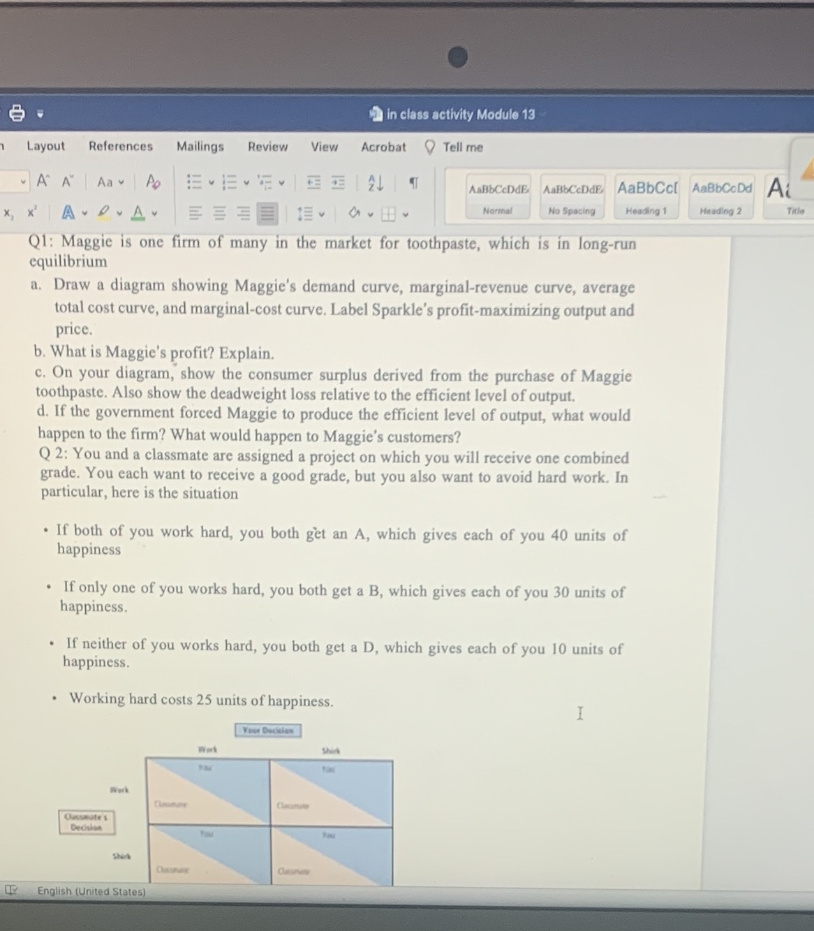 in class activity Module 13 Layout References Mailings Review View Acrobat