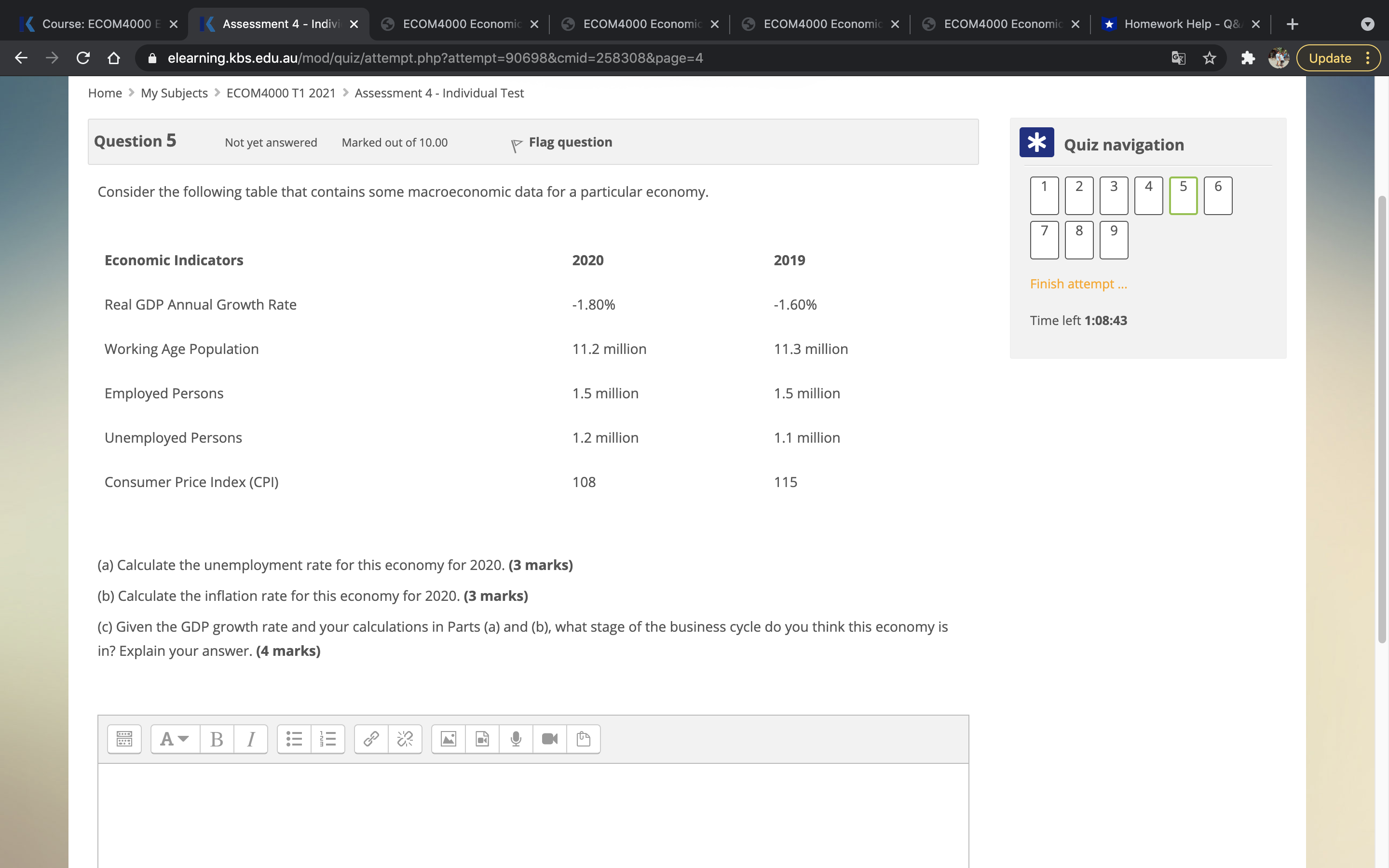 Consider the following table that contains some macroeconomic data for a particular