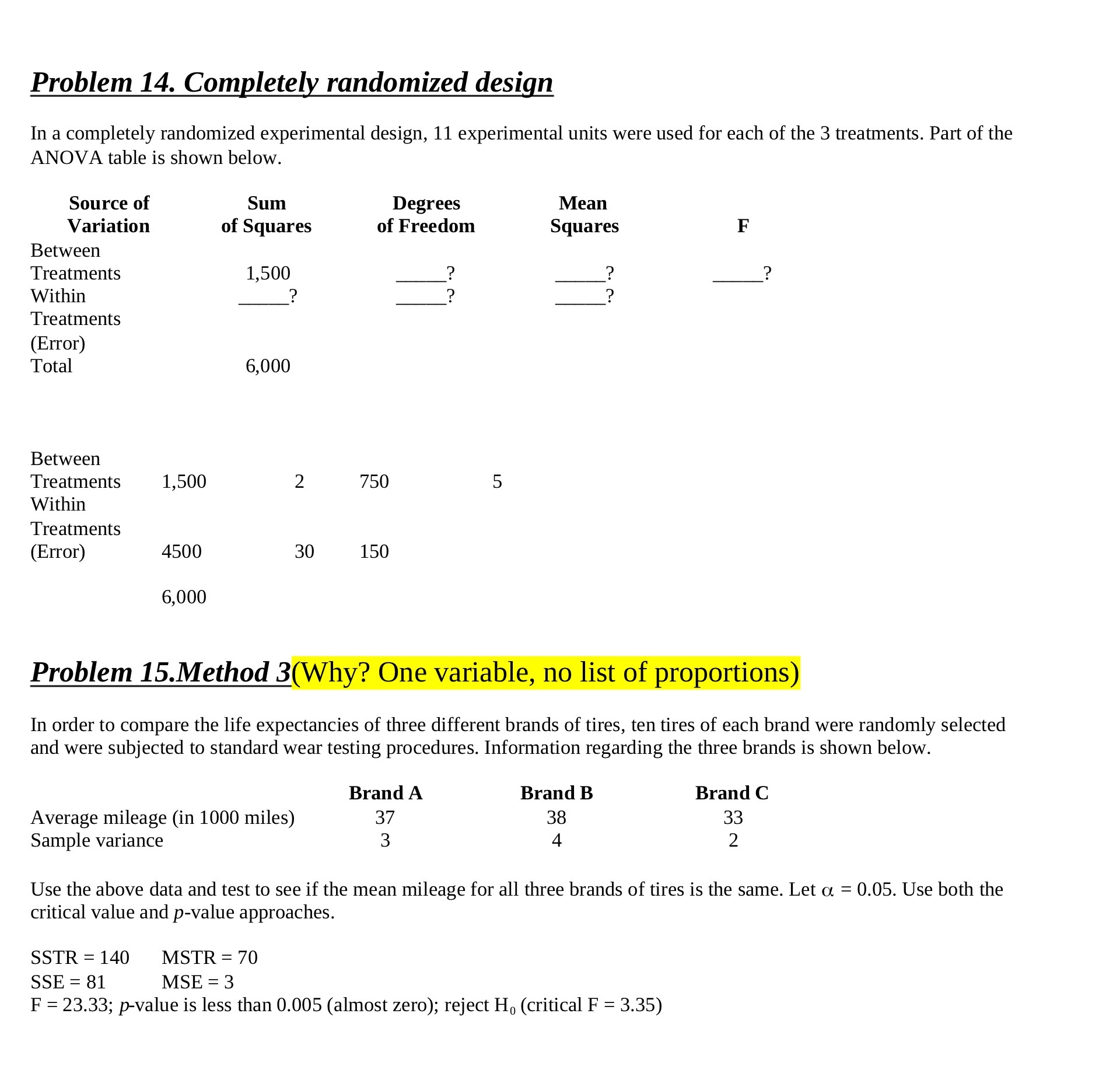  Problem 14. Completely randomized design In a completely randomized experimental design,