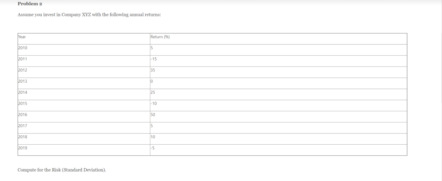 Help. Please use proper format. Problem 2 Assume you invest in Company