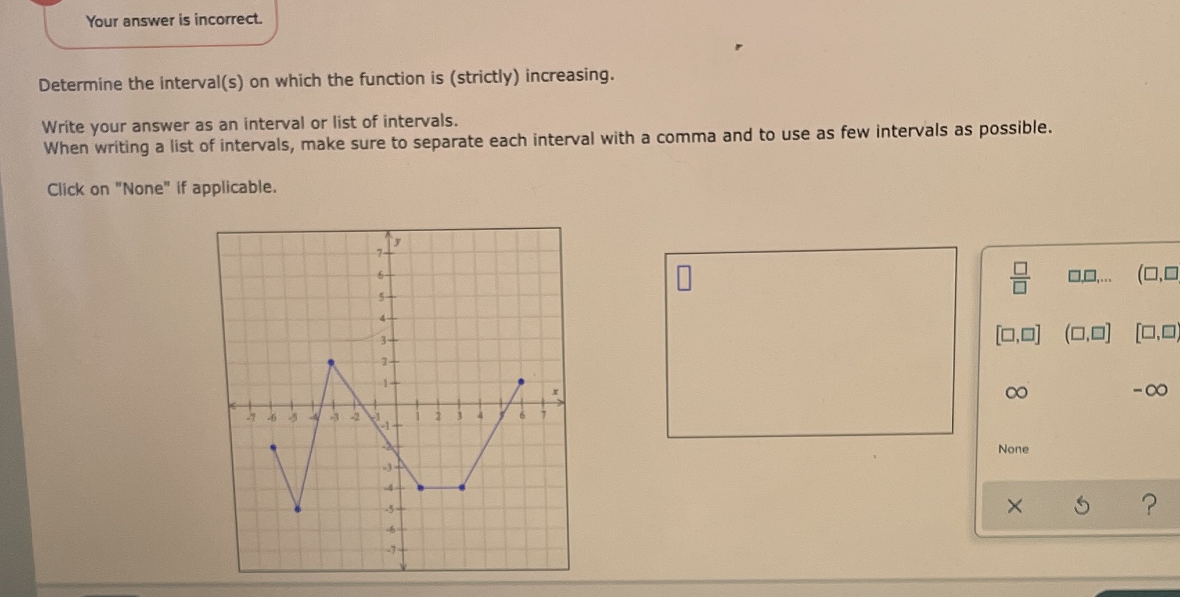  Your answer is incorrect. Determine the interval(s) on which the function
