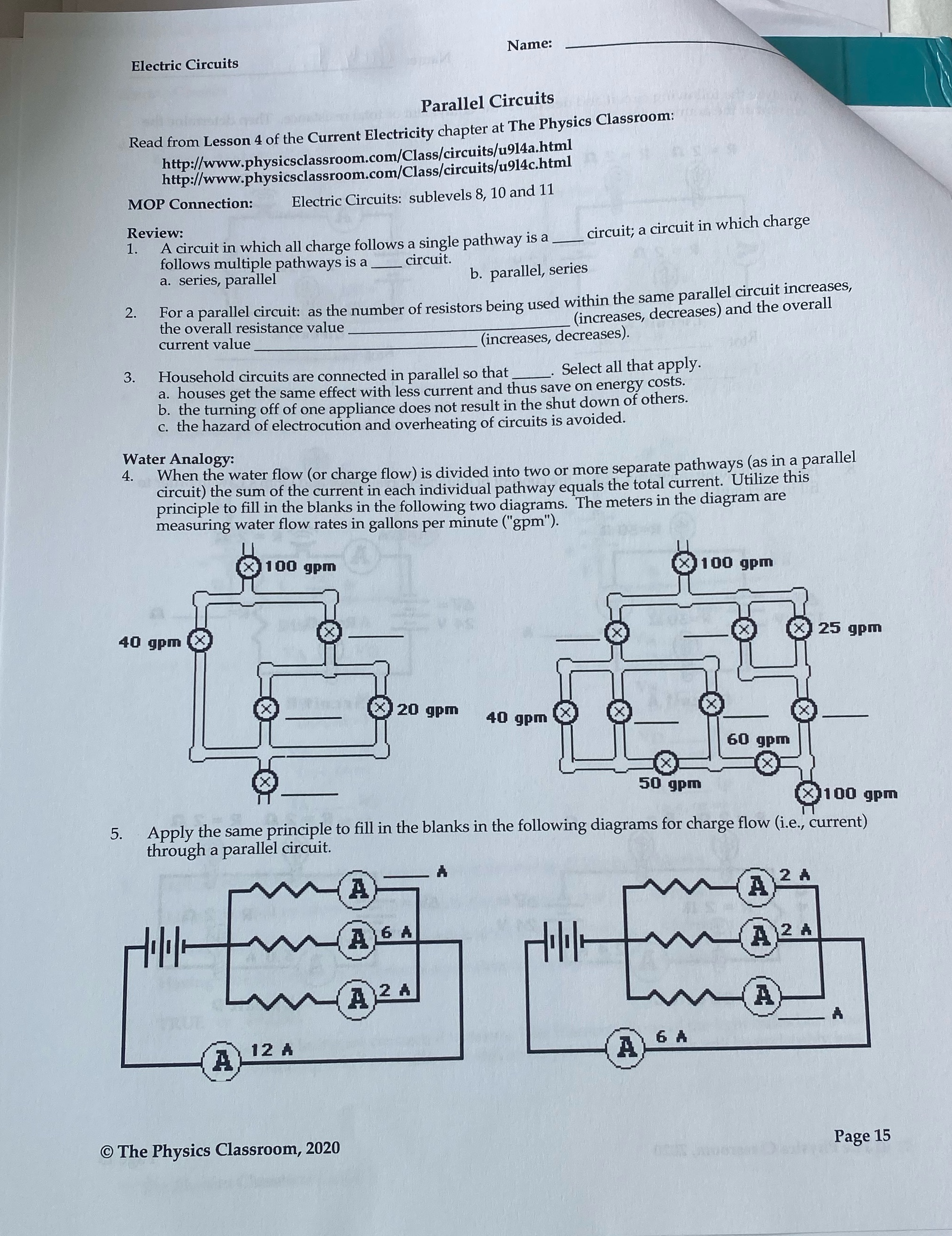 Please help me solve this physics page Name: Electric Circuits Parallel Circuits