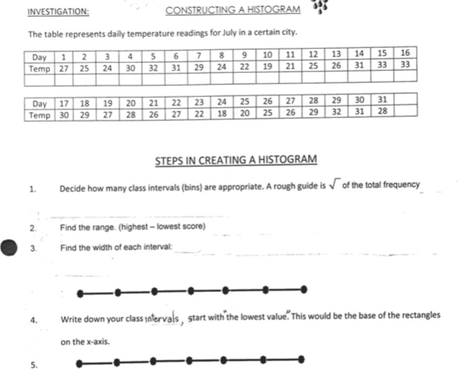  INVESTIGATION: CONSTRUCTING A HISTOGRAM The table represents daily temperature readings for