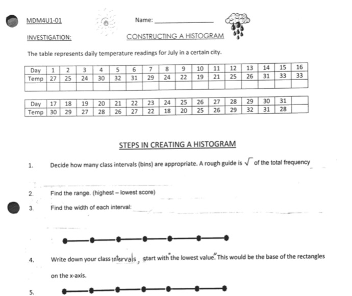  MDM4U1-01 Name: INVESTIGATION: CONSTRUCTING A HISTOGRAM The table represents daily temperature