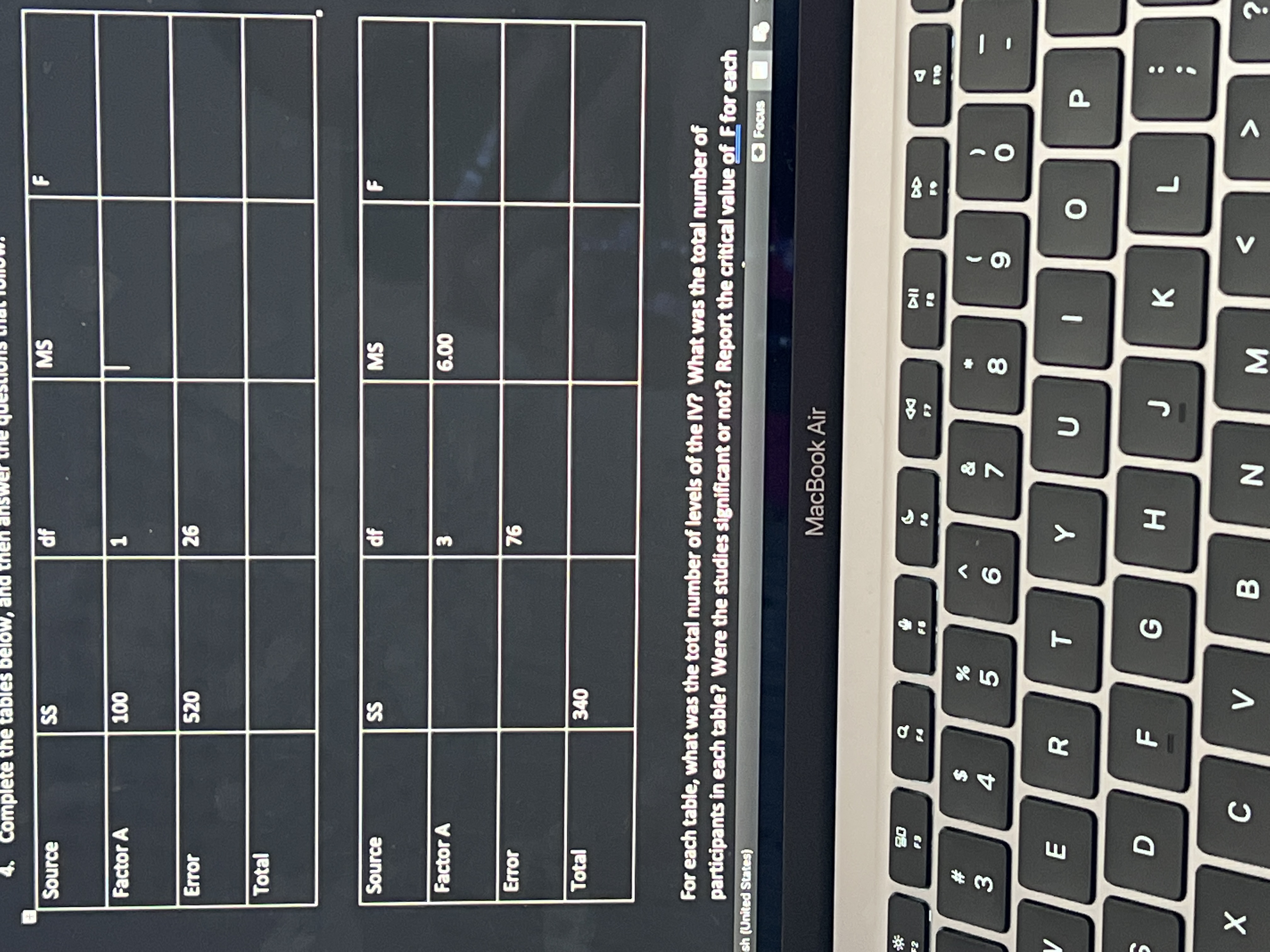  4. Complete the tables below, and then a F Source SS